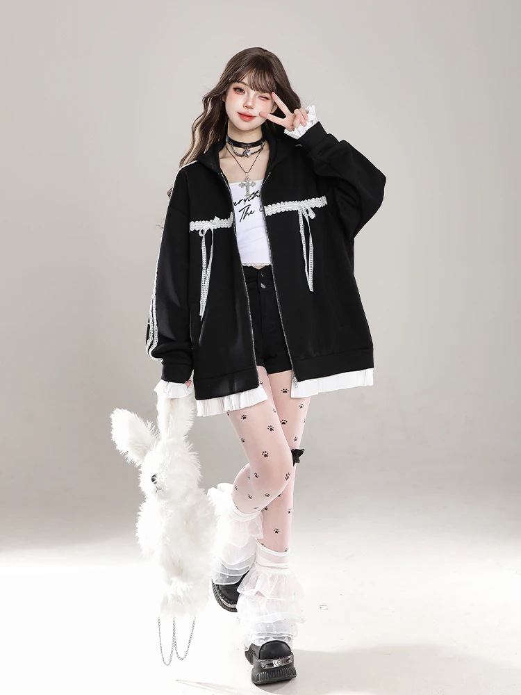 2025 春夏トップスかわいいパーカー フード付き韓国風長袖ゆったり細見え白黒おしゃれレトロチャッシルエット甘め大人っぽ韓国フルサイズファッション系ルーズレディースサイドお出かけ学生通学トラック羽織る