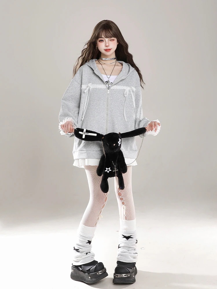 2025 春夏トップスかわいいパーカー フード付き韓国風長袖ゆったり細見え白黒おしゃれレトロチャッシルエット甘め大人っぽ韓国フルサイズファッション系ルーズレディースサイドお出かけ学生通学トラック羽織る