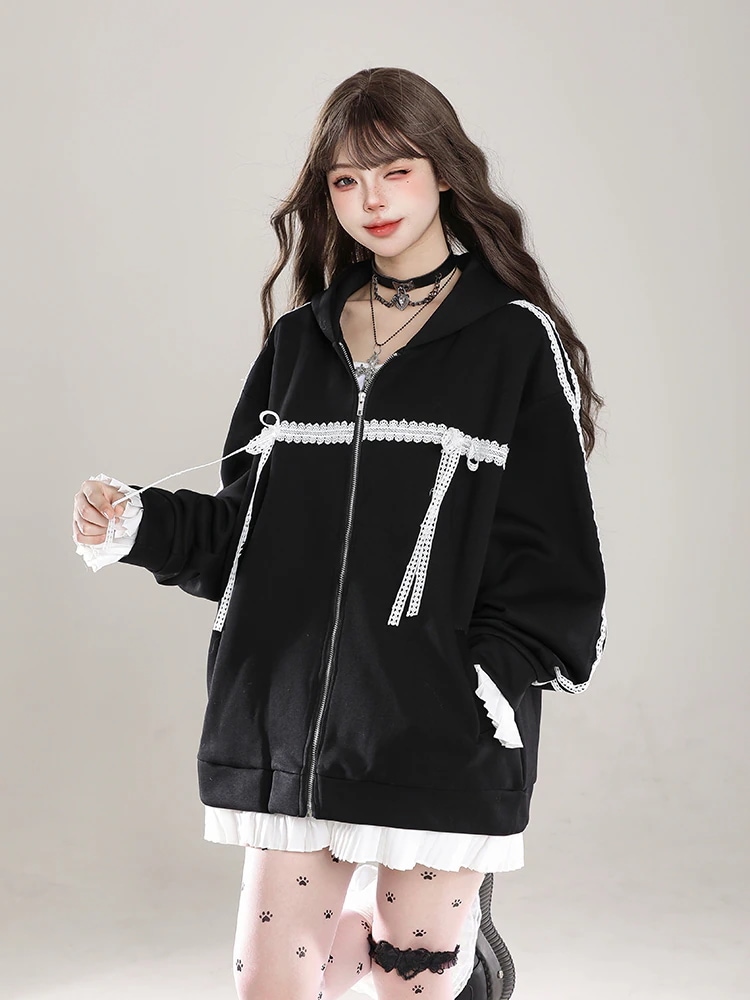 2025 春夏トップスかわいいパーカー フード付き韓国風長袖ゆったり細見え白黒おしゃれレトロチャッシルエット甘め大人っぽ韓国フルサイズファッション系ルーズレディースサイドお出かけ学生通学トラック羽織る