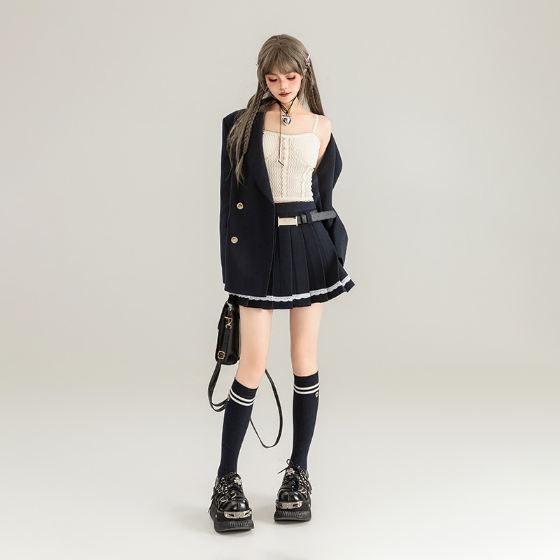 レーストリミングプリーツスカート2024夏甘辛ハイウエストスリムaラインアンブレラスカートjkスカートショートスカート