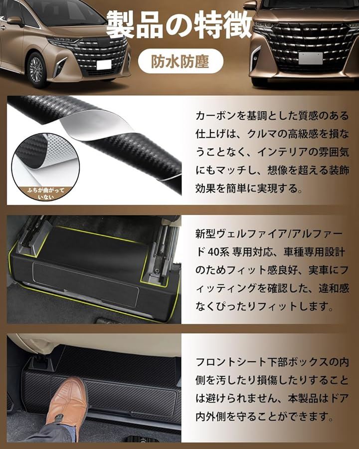 トヨタ アルファード 40系/ヴェルファイア サイド キックガード バックキックマット 車種専用設計 汚れ防止 キズ防止 日本語の取り付け説明書付き( ブラックカーボン柄)
