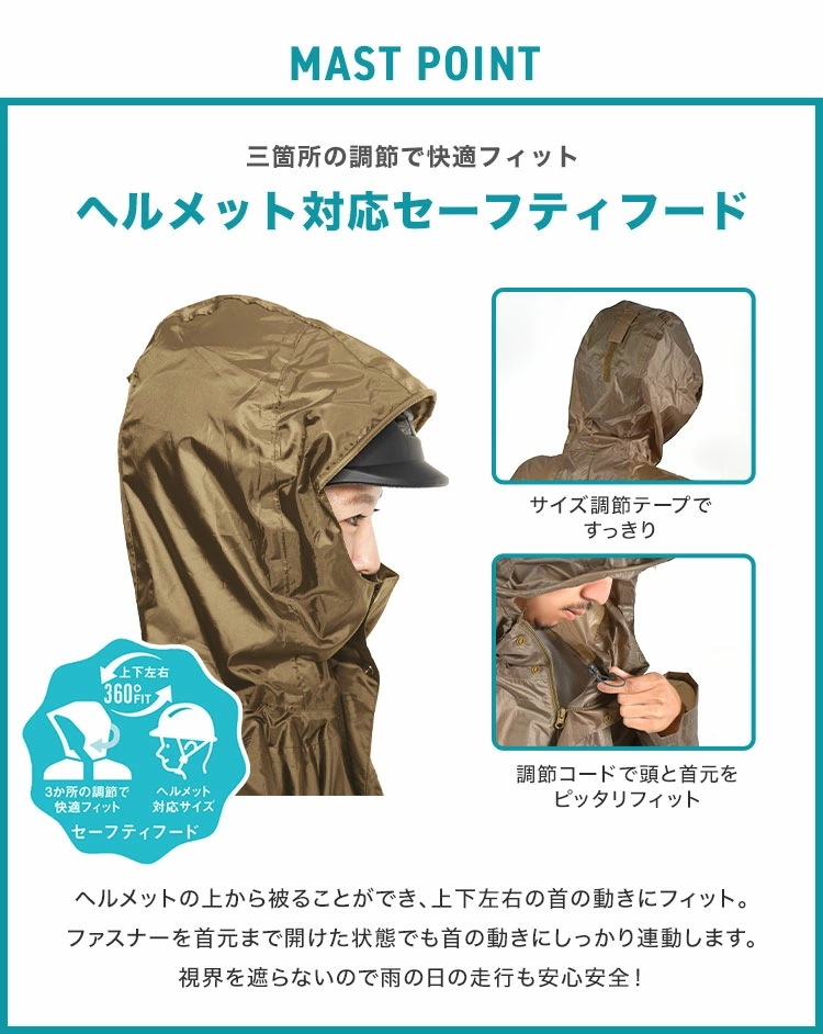 レインコート 自転車 ママ 通学 リュックイン ヘルメット 対応 メンズ レディース 高校生 蒸れない 回転 フード バイク ロング丈 通勤