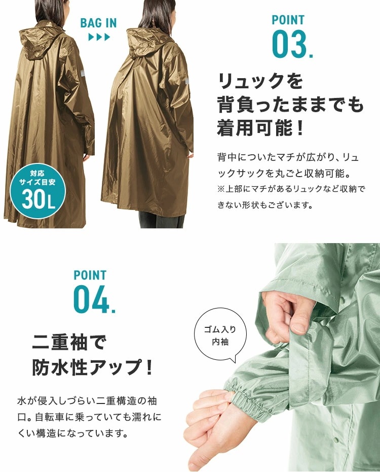 レインコート 自転車 ママ 通学 リュックイン ヘルメット 対応 メンズ レディース 高校生 蒸れない 回転 フード バイク ロング丈 通勤