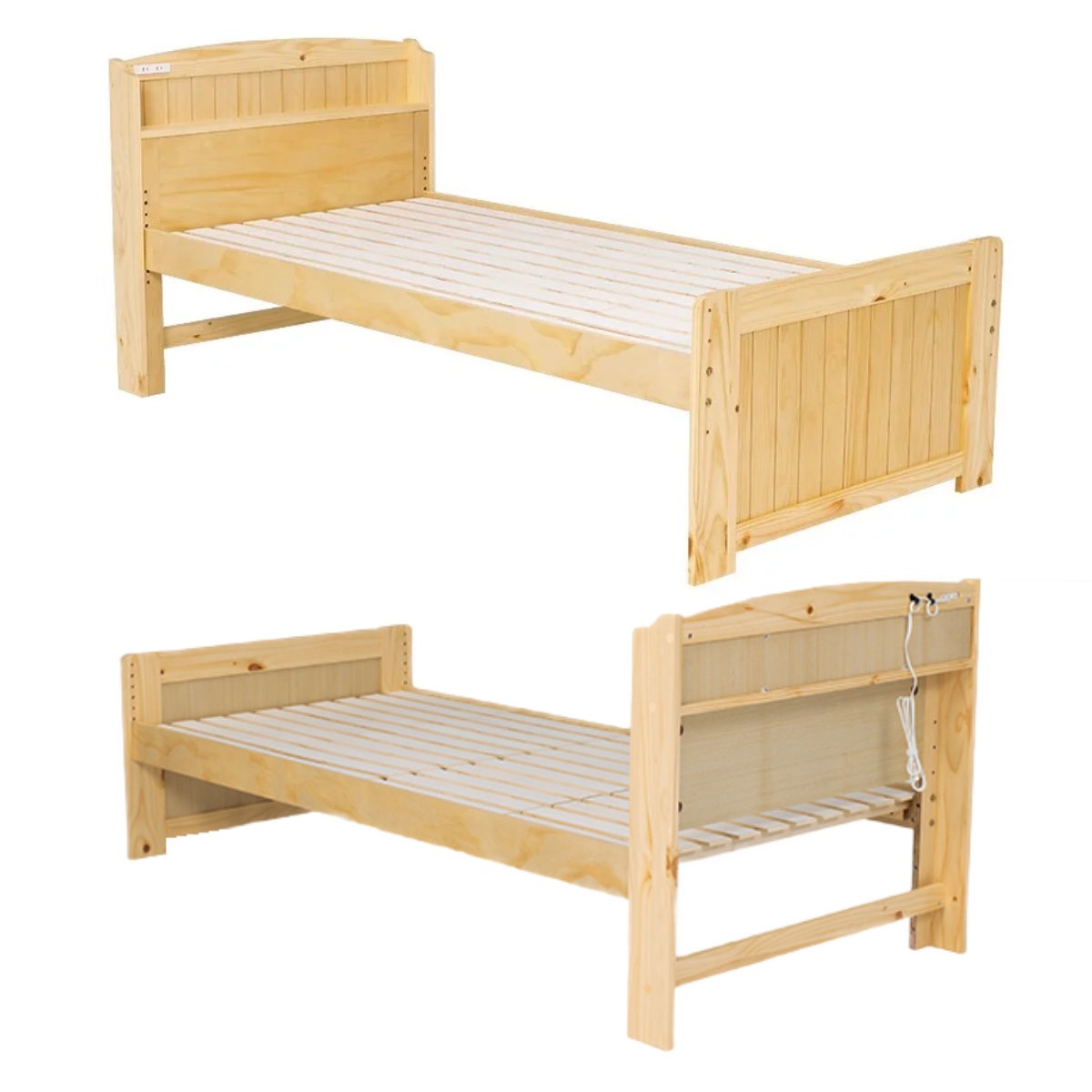 ベッド ポケットマットレス付き セミダブル 宮棚 2口コンセント 敷き布団OK 高さ調節 圧縮梱包 マットレス付 すのこ 天然木 コンセント付 厚さ19cm 寝具 ナチュラル ライトブラウン