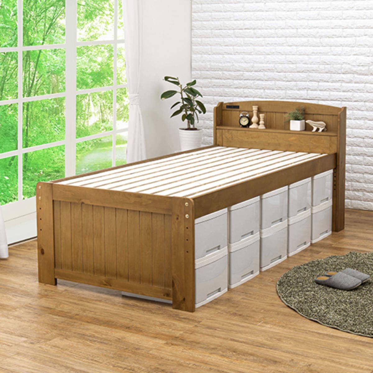 ベッド ポケットマットレス付き セミダブル 宮棚 2口コンセント 敷き布団OK 高さ調節 圧縮梱包 マットレス付 すのこ 天然木 コンセント付 厚さ19cm 寝具 ナチュラル ライトブラウン