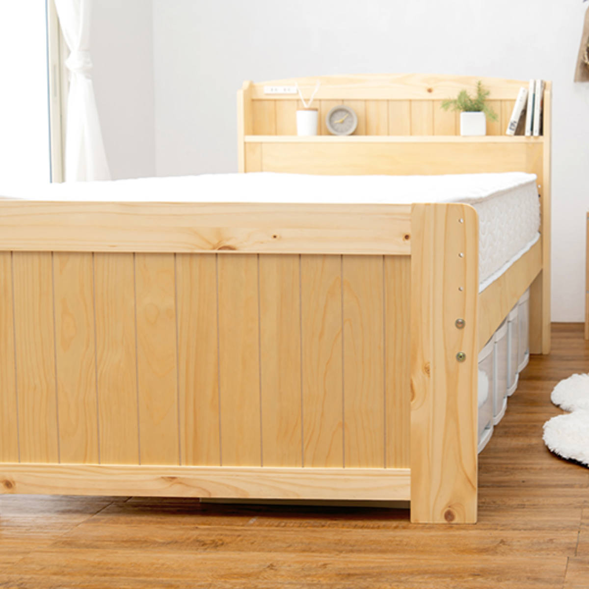ベッド ポケットマットレス付き セミダブル 宮棚 2口コンセント 敷き布団OK 高さ調節 圧縮梱包 マットレス付 すのこ 天然木 コンセント付 厚さ19cm 寝具 ナチュラル ライトブラウン