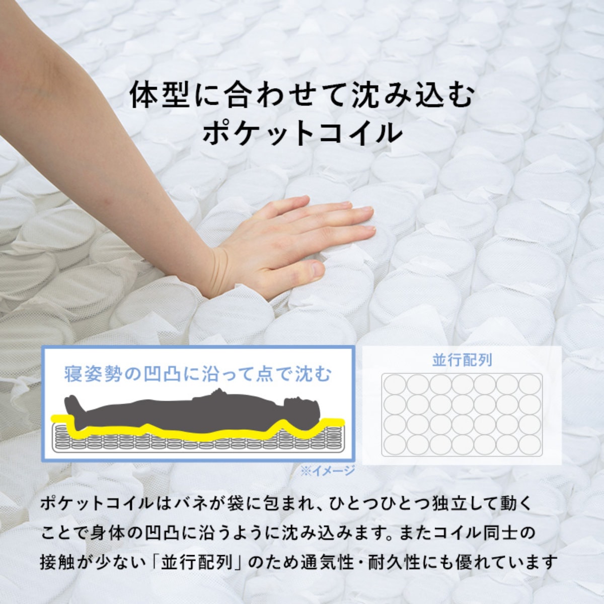 ベッド ポケットマットレス付き セミダブル 宮棚 2口コンセント 敷き布団OK 高さ調節 圧縮梱包 マットレス付 すのこ 天然木 コンセント付 厚さ19cm 寝具 ナチュラル ライトブラウン