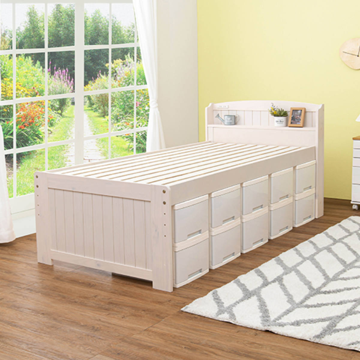 ベッド ポケットマットレス付き セミダブル 宮棚 2口コンセント 敷き布団OK 高さ調節 圧縮梱包 マットレス付 すのこ 天然木 コンセント付 厚さ19cm 寝具 ナチュラル ライトブラウン