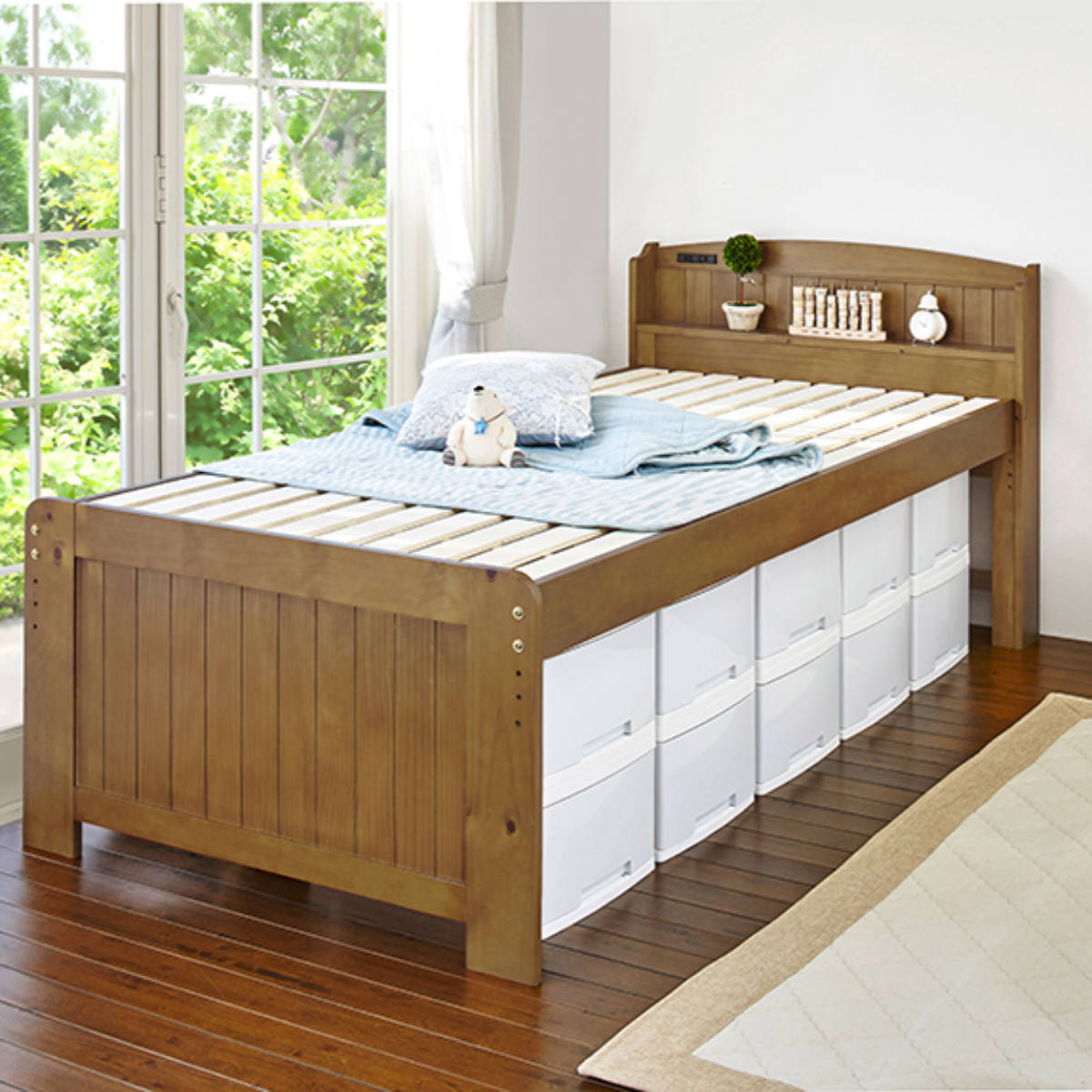 ベッド ポケットマットレス付き セミダブル 宮棚 2口コンセント 敷き布団OK 高さ調節 圧縮梱包 マットレス付 すのこ 天然木 コンセント付 厚さ19cm 寝具 ナチュラル ライトブラウン