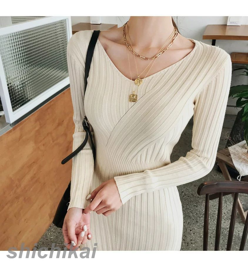 オフィスカジュアルワンピース ニットワンピース ワンピース WILLS お出かけワンピース タイトワンピース ニットワンピース フリーサイズ 膝丈 秋冬新作 Vネック 長袖 レディースファッション