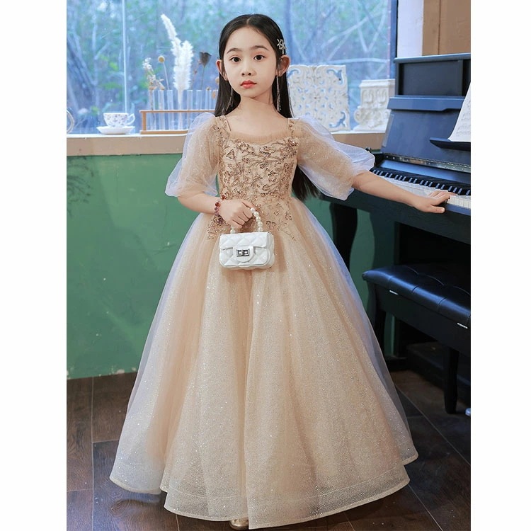 ピアノ発表会ドレス 子供ドレス ロングドレス シャンパン色 スパンコール オシャレ 女児ドレス キッズドレス フォーマル 演奏会ドレス 女の子 パフスリーブ キレイめ 100~160cm ピアノ発表会ドレス 子供ドレス ロングドレス シャンパン色 スパンコール オシャレ 女児ドレス キッズドレス フォーマル 演奏会ドレス 女の子 パフスリーブ キレイめ 100~160cm