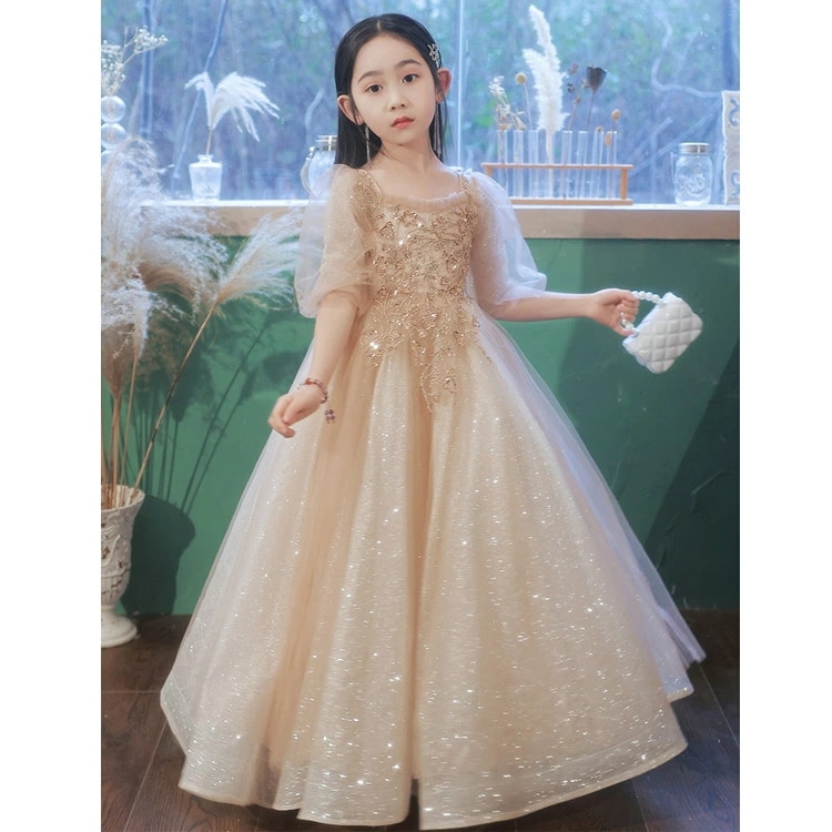 ピアノ発表会ドレス 子供ドレス ロングドレス シャンパン色 スパンコール オシャレ 女児ドレス キッズドレス フォーマル 演奏会ドレス 女の子 パフスリーブ キレイめ 100~160cm ピアノ発表会ドレス 子供ドレス ロングドレス シャンパン色 スパンコール オシャレ 女児ドレス キッズドレス フォーマル 演奏会ドレス 女の子 パフスリーブ キレイめ 100~160cm