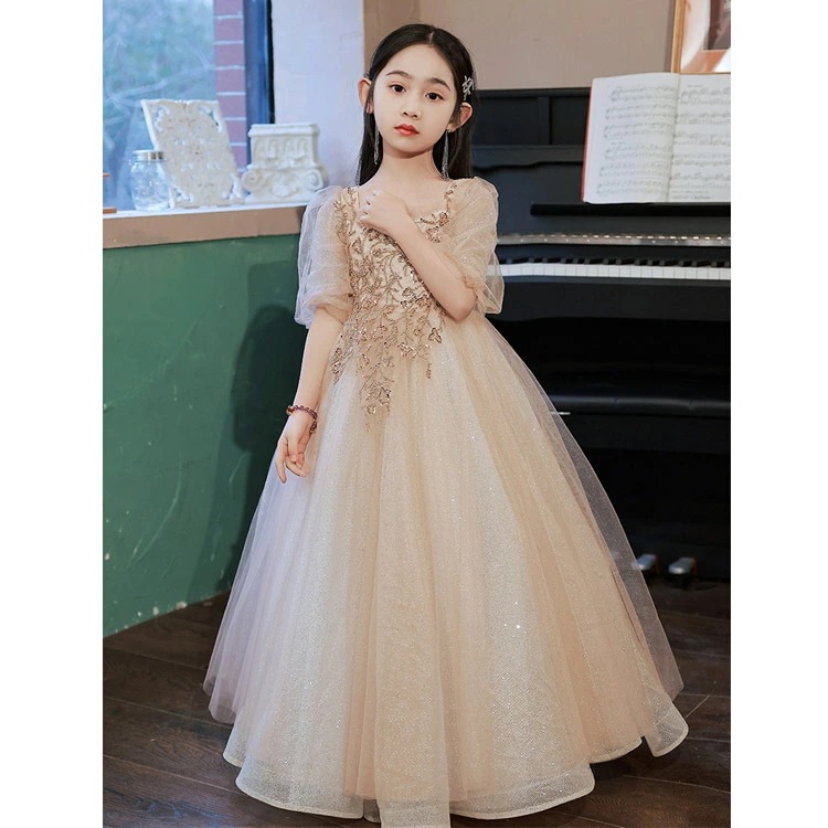 ピアノ発表会ドレス 子供ドレス ロングドレス シャンパン色 スパンコール オシャレ 女児ドレス キッズドレス フォーマル 演奏会ドレス 女の子 パフスリーブ キレイめ 100~160cm ピアノ発表会ドレス 子供ドレス ロングドレス シャンパン色 スパンコール オシャレ 女児ドレス キッズドレス フォーマル 演奏会ドレス 女の子 パフスリーブ キレイめ 100~160cm