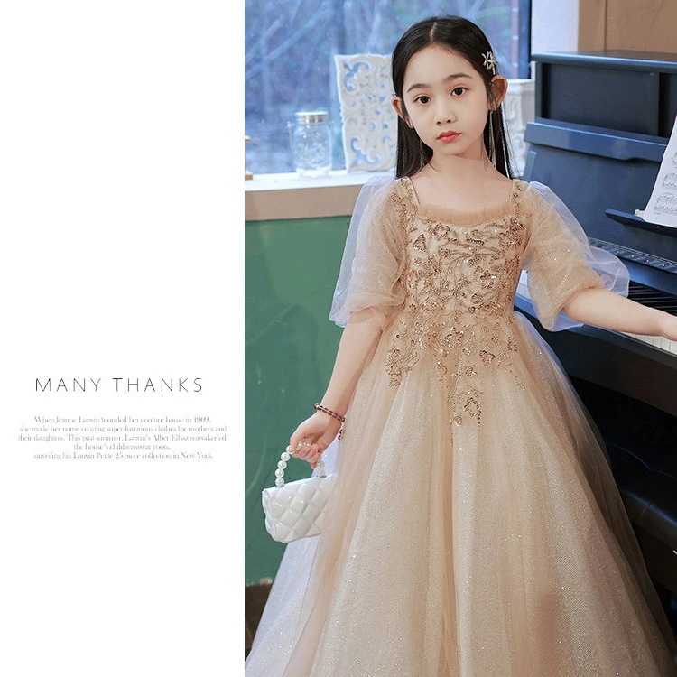 ピアノ発表会ドレス 子供ドレス ロングドレス シャンパン色 スパンコール オシャレ 女児ドレス キッズドレス フォーマル 演奏会ドレス 女の子 パフスリーブ キレイめ 100~160cm ピアノ発表会ドレス 子供ドレス ロングドレス シャンパン色 スパンコール オシャレ 女児ドレス キッズドレス フォーマル 演奏会ドレス 女の子 パフスリーブ キレイめ 100~160cm