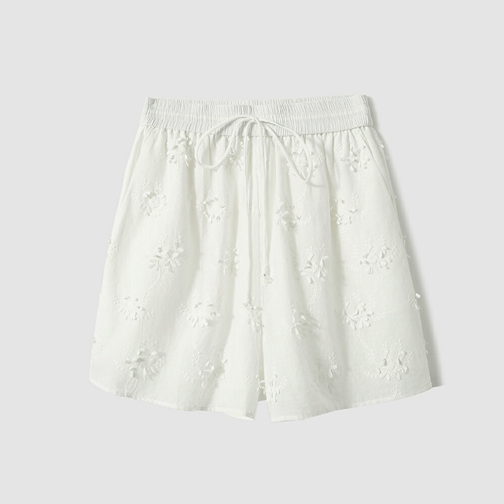 レディース ショートパンツ 刺繍 綿100％ フラワー柄 ウエストゴム 涼しい 夏 ホワイト S～XLサイズ カジュアル 上品 通気性 吸汗性 旅行 リゾート おしゃれ かわいい フリル