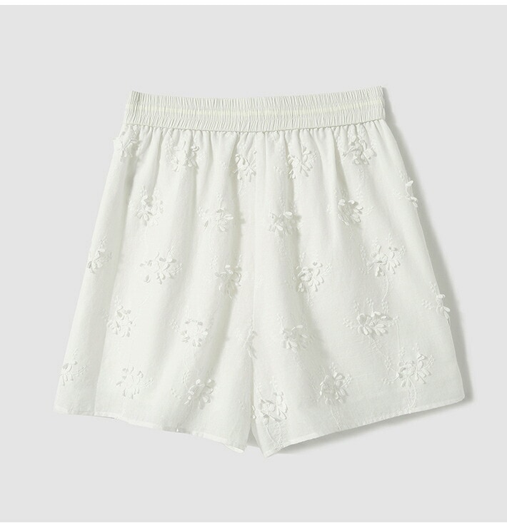 レディース ショートパンツ 刺繍 綿100％ フラワー柄 ウエストゴム 涼しい 夏 ホワイト S～XLサイズ カジュアル 上品 通気性 吸汗性 旅行 リゾート おしゃれ かわいい フリル