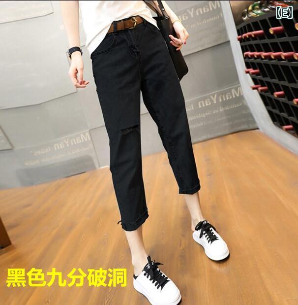 デニムパンツ レディース ダメージ ジーンズ クラッシュ ボトムス 秋 大きめサイズ ストレート クロップド カジュアル ブラック ブルー デニムパンツ レディース ダメージ ジーンズ クラッシュ ボトムス 秋 大きめサイズ ストレート クロップド カジュアル ブラック ブルー