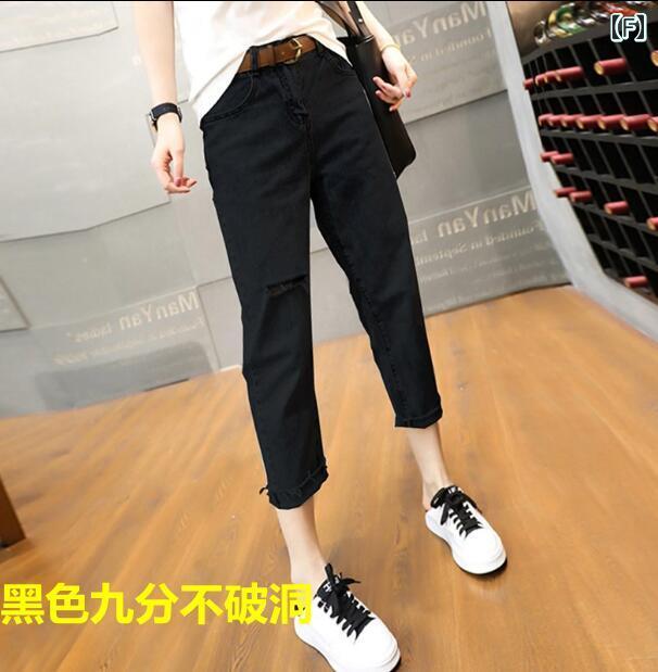 デニムパンツ レディース ダメージ ジーンズ クラッシュ ボトムス 秋 大きめサイズ ストレート クロップド カジュアル ブラック ブルー デニムパンツ レディース ダメージ ジーンズ クラッシュ ボトムス 秋 大きめサイズ ストレート クロップド カジュアル ブラック ブルー
