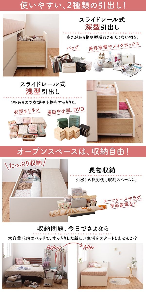 日本製 大容量 コンパクト ショート丈 すのこチェスト収納ベッド [Shocoto]ショコット [薄型プレミアムポケットコイルマットレス付き] ヘッド付き セミシングル [フレーム色]ホワイト