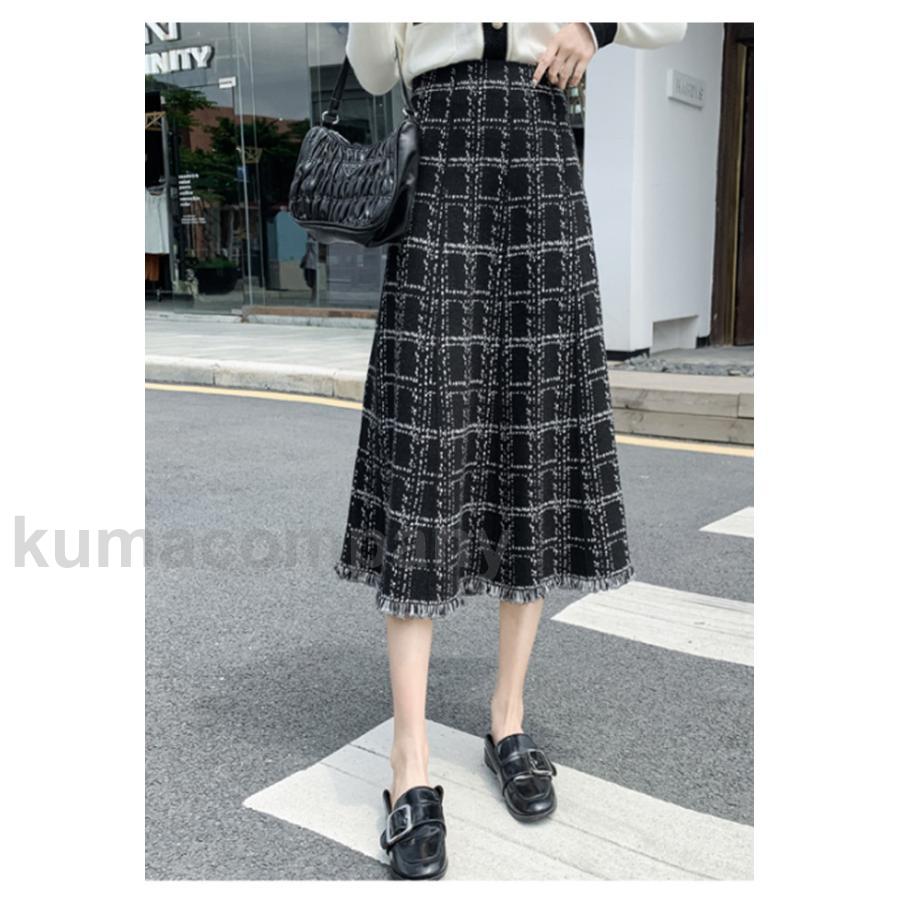 ロングスカート チェック柄 厚手 レディース フレアスカート マキシ丈 20代 30代 40代 秋冬 Aラインスカート タッセル ウエストゴム オフィス