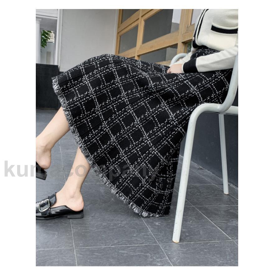 ロングスカート チェック柄 厚手 レディース フレアスカート マキシ丈 20代 30代 40代 秋冬 Aラインスカート タッセル ウエストゴム オフィス