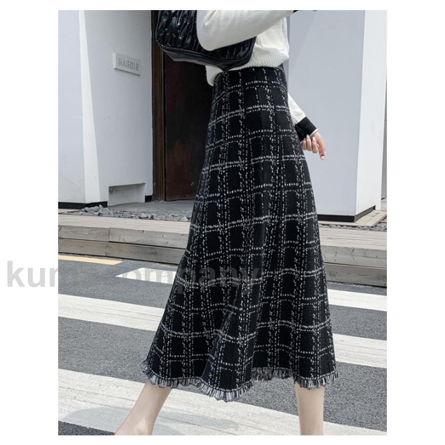ロングスカート チェック柄 厚手 レディース フレアスカート マキシ丈 20代 30代 40代 秋冬 Aラインスカート タッセル ウエストゴム オフィス