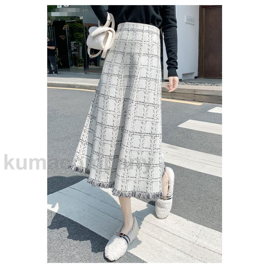 ロングスカート チェック柄 厚手 レディース フレアスカート マキシ丈 20代 30代 40代 秋冬 Aラインスカート タッセル ウエストゴム オフィス