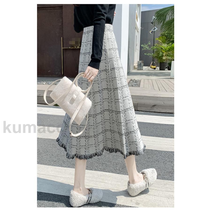 ロングスカート チェック柄 厚手 レディース フレアスカート マキシ丈 20代 30代 40代 秋冬 Aラインスカート タッセル ウエストゴム オフィス