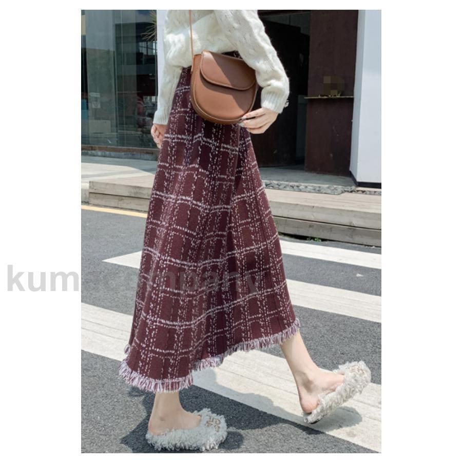 ロングスカート チェック柄 厚手 レディース フレアスカート マキシ丈 20代 30代 40代 秋冬 Aラインスカート タッセル ウエストゴム オフィス