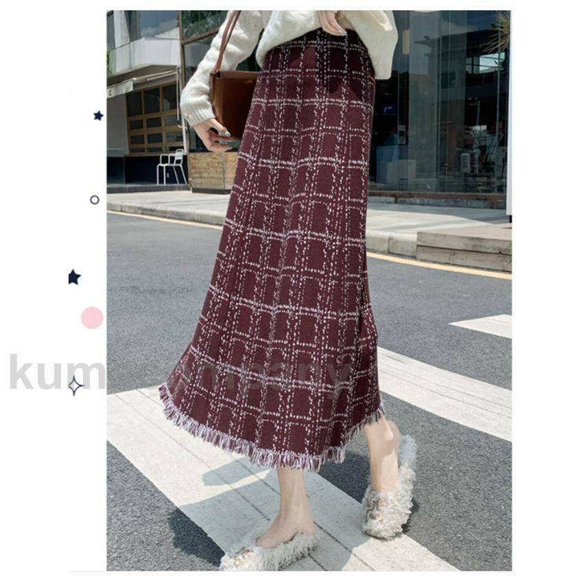 ロングスカート チェック柄 厚手 レディース フレアスカート マキシ丈 20代 30代 40代 秋冬 Aラインスカート タッセル ウエストゴム オフィス