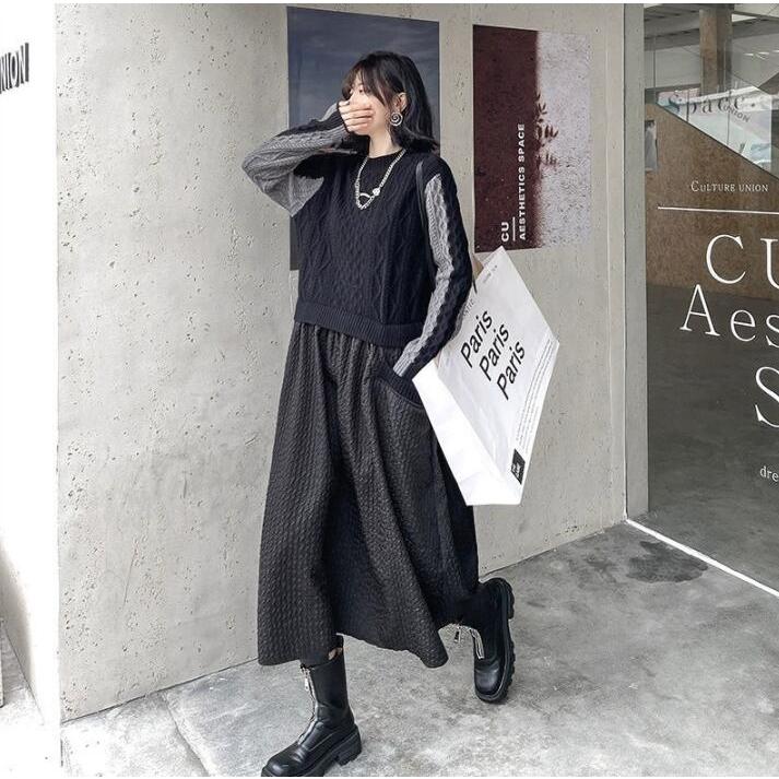 ワンピースニットワンピースレディース秋冬40マキシワンピース春長袖異素材切り替えきれいめカジュアル冬ふわふわ体型カバー3050