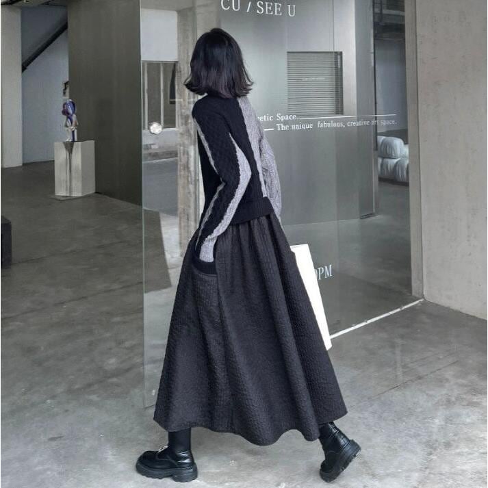 ワンピースニットワンピースレディース秋冬40マキシワンピース春長袖異素材切り替えきれいめカジュアル冬ふわふわ体型カバー3050