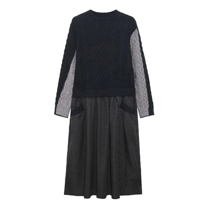 ワンピースニットワンピースレディース秋冬40マキシワンピース春長袖異素材切り替えきれいめカジュアル冬ふわふわ体型カバー3050