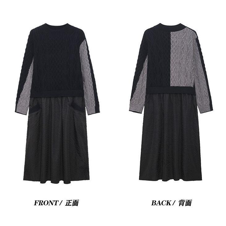 ワンピースニットワンピースレディース秋冬40マキシワンピース春長袖異素材切り替えきれいめカジュアル冬ふわふわ体型カバー3050