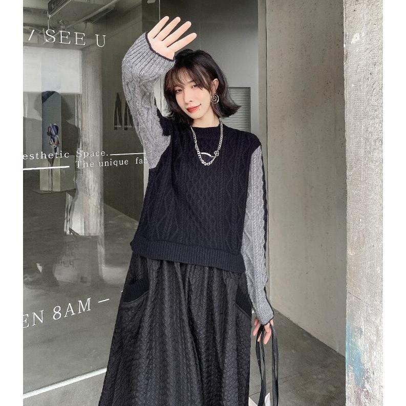 ワンピースニットワンピースレディース秋冬40マキシワンピース春長袖異素材切り替えきれいめカジュアル冬ふわふわ体型カバー3050