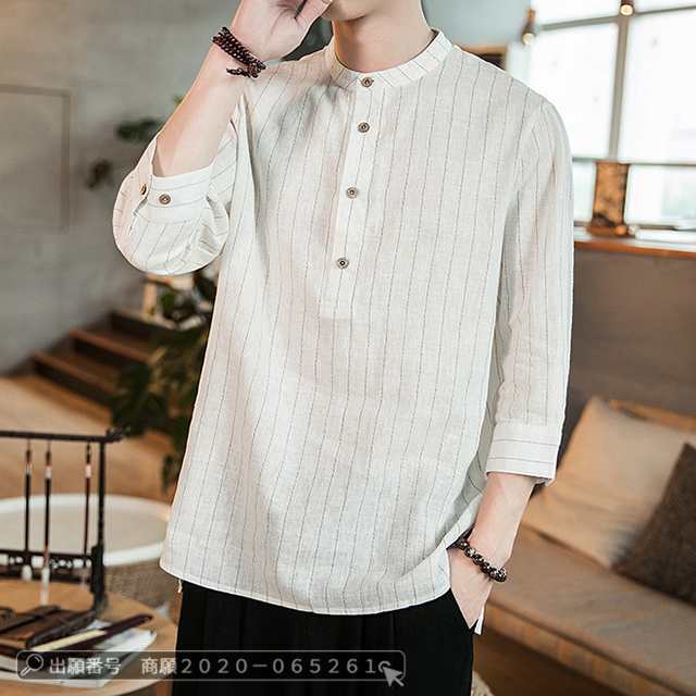 最安挑戦 春新作 送料無料 新作 シャツ メンズ シャツ リネンシャツ 綿麻 立襟 春 夏 爽やか メンズ トップス 七分袖 カジュアルシャツ 無地 ストライプ ビジネス おしゃれ かっこいい 夏服