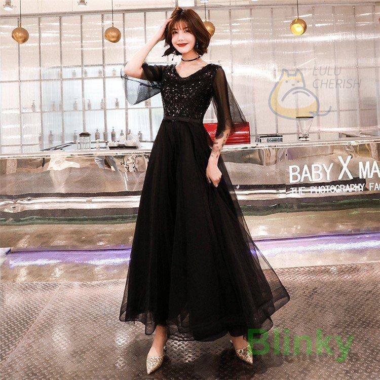 ロングドレス 演奏会 パーティードレス ブラックドレス レディース 結婚式 ドレス ワンピース Vネック ロング丈 発表会 お呼ばれ 二次会 披露宴 上品 高級 黒