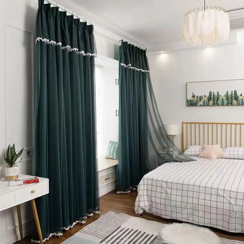 韓国ファッション カーテンセット遮光カーテン+レース２枚組/ 断熱 遮光 省エネ レースカーテン UVカット防音 北欧風 かわいい ホームデザイン