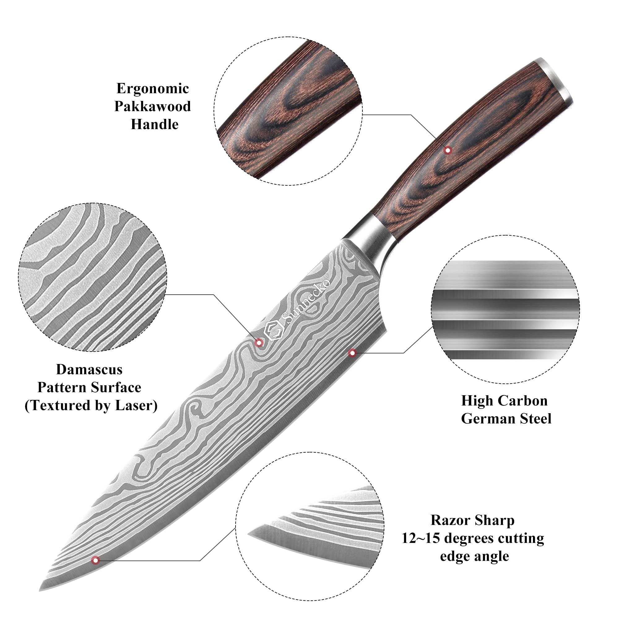 Sunnecko 包丁 牛刀 203mm ステンレス 鞘付き 木柄 料理包丁 切れる包丁 左利き対応 両刃 ダマスカス模様 パン切り 肉切り包丁 万能 おしゃれ 贈り物 (シェフナイフ203MM) Sunnecko 包丁 牛刀 203mm ステンレス 鞘付き 木柄 料理包丁 切れる包丁 左利き対応 両刃 ダマスカス模様 パン切り 肉切り包丁 万能 おしゃれ 贈り物 (シェフナイフ203MM)