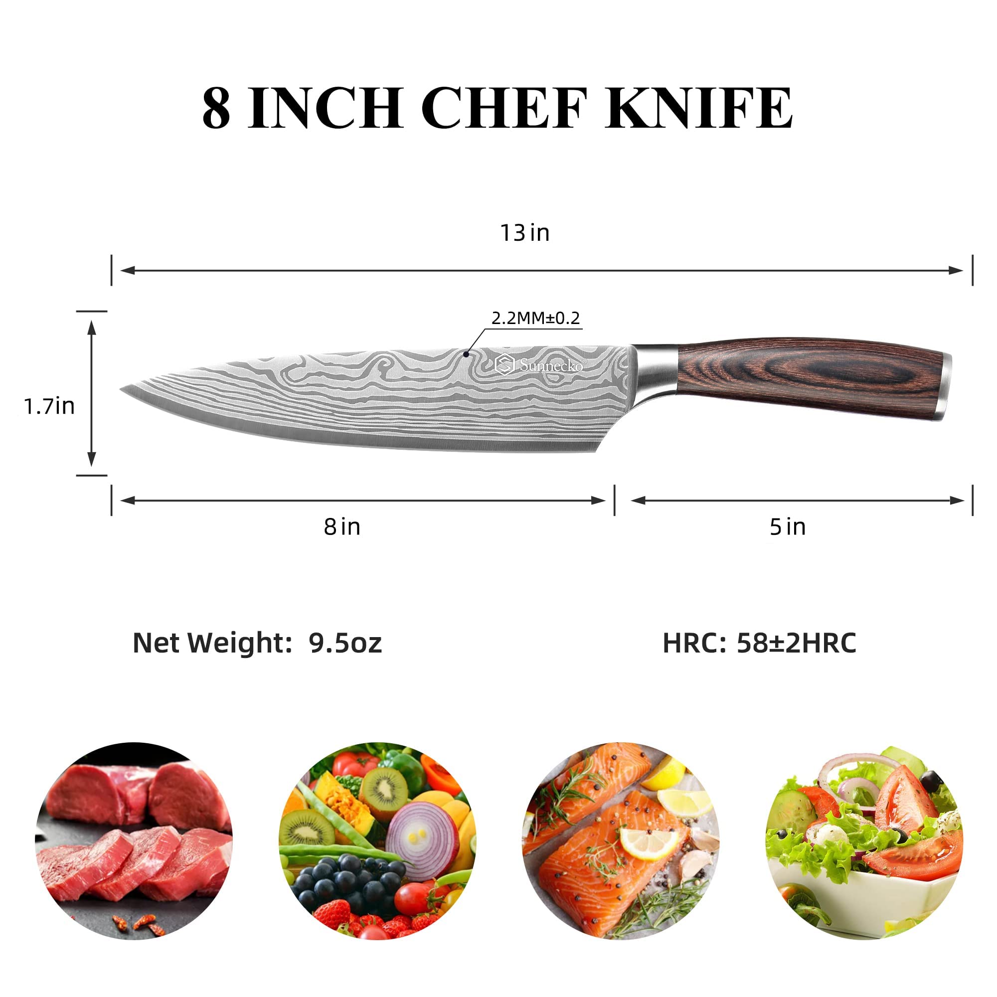 Sunnecko 包丁 牛刀 203mm ステンレス 鞘付き 木柄 料理包丁 切れる包丁 左利き対応 両刃 ダマスカス模様 パン切り 肉切り包丁 万能 おしゃれ 贈り物 (シェフナイフ203MM) Sunnecko 包丁 牛刀 203mm ステンレス 鞘付き 木柄 料理包丁 切れる包丁 左利き対応 両刃 ダマスカス模様 パン切り 肉切り包丁 万能 おしゃれ 贈り物 (シェフナイフ203MM)