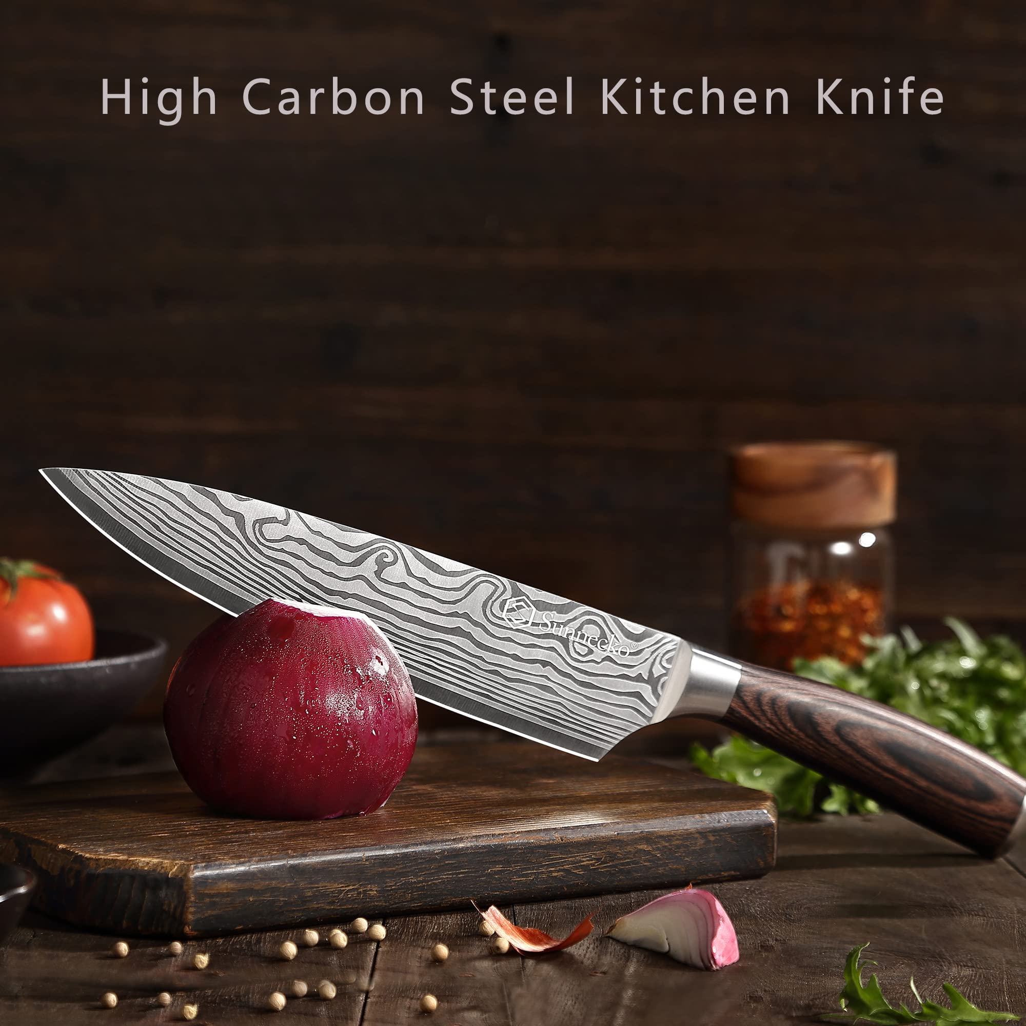 Sunnecko 包丁 牛刀 203mm ステンレス 鞘付き 木柄 料理包丁 切れる包丁 左利き対応 両刃 ダマスカス模様 パン切り 肉切り包丁 万能 おしゃれ 贈り物 (シェフナイフ203MM) Sunnecko 包丁 牛刀 203mm ステンレス 鞘付き 木柄 料理包丁 切れる包丁 左利き対応 両刃 ダマスカス模様 パン切り 肉切り包丁 万能 おしゃれ 贈り物 (シェフナイフ203MM)