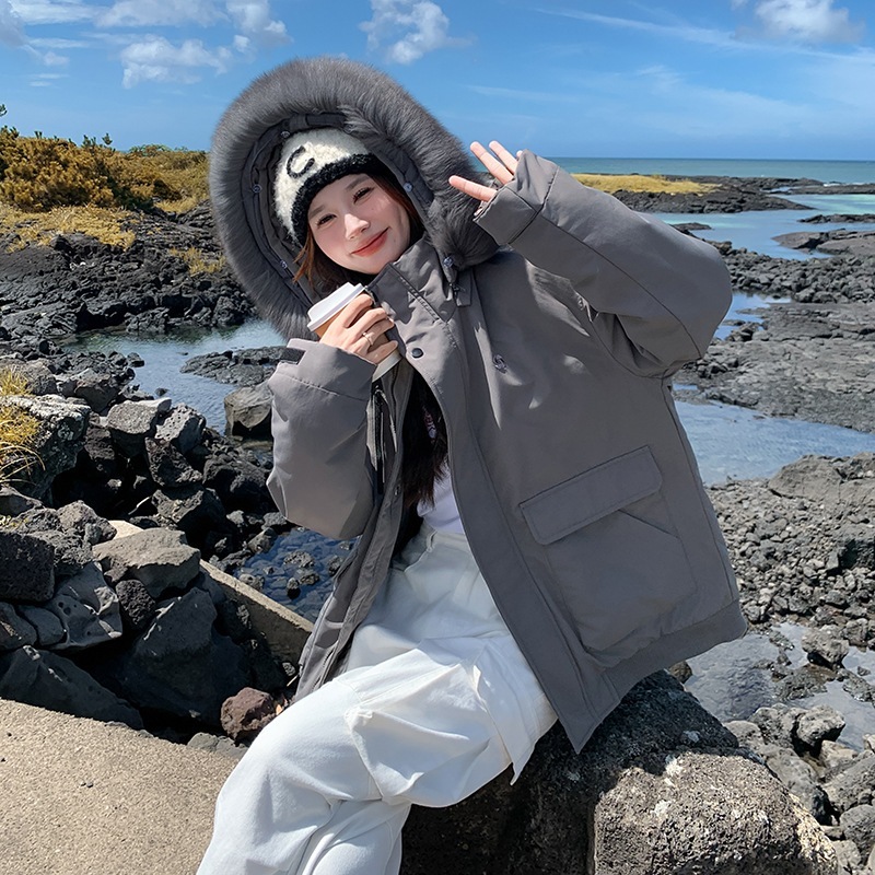 韓国ファッション グレーの連帽工装ダウン派克服2024新型ファッション大毛襟厚手の白いアヒルの綿毛コート