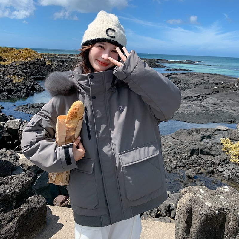 韓国ファッション グレーの連帽工装ダウン派克服2024新型ファッション大毛襟厚手の白いアヒルの綿毛コート