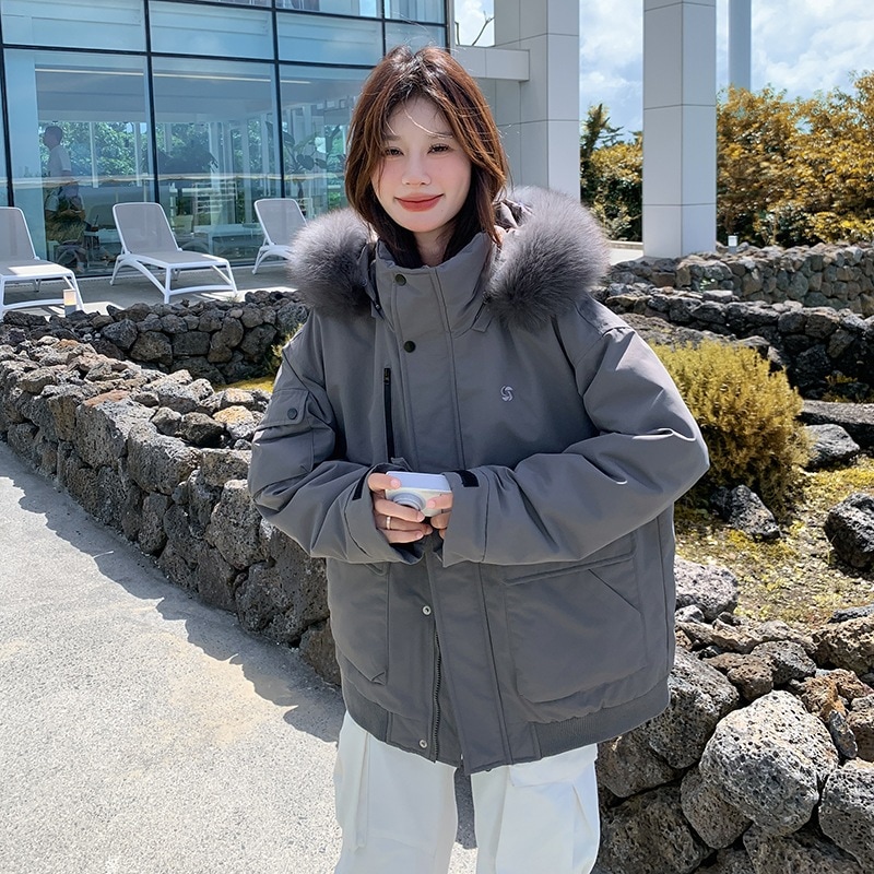 韓国ファッション グレーの連帽工装ダウン派克服2024新型ファッション大毛襟厚手の白いアヒルの綿毛コート
