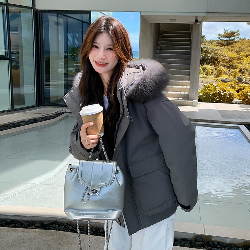 韓国ファッション グレーの連帽工装ダウン派克服2024新型ファッション大毛襟厚手の白いアヒルの綿毛コート