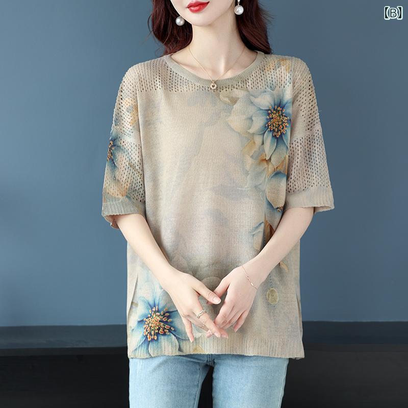 婦人服 レディース 上品 おしゃれ マダム ファッション 夏 プリント 半袖 丈 大きめサイズ 体型 カバー ラウンドネック Tシャツ トップス 婦人服 レディース 上品 おしゃれ マダム ファッション 夏 プリント 半袖 丈 大きめサイズ 体型 カバー ラウンドネック Tシャツ トップス