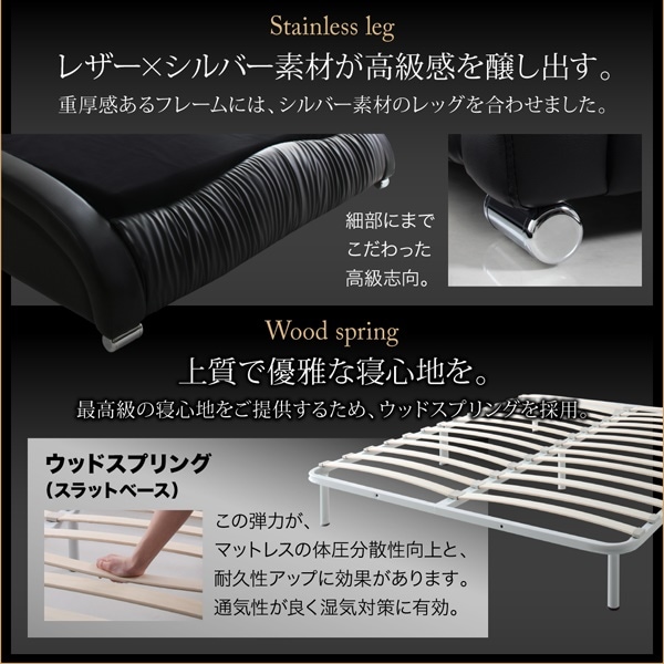 [組立設置付]高級レザー デザイナーズベッド [フォルマーレ] スタンダードポケットコイルマットレス付 セミダブル ブラック [マットレス]黒