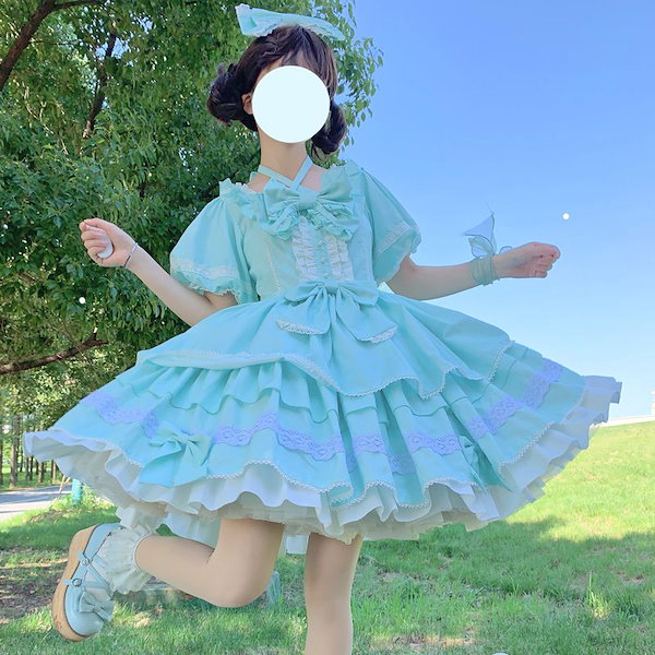 薄緑のロリータドレス フリル付き （コスプレ ドレス 薄緑の