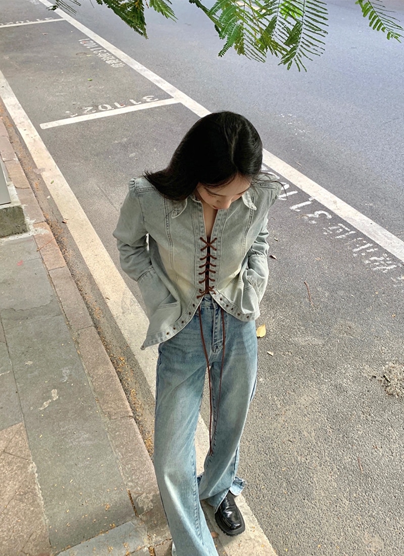 シャツ カットソー 長袖 Vネック 細身 スピンドル デニム かわいい 大人可愛い きれいめ シンプル カジュアル 春 秋 学生 通学 デート お出かけ 韓国 モテ S L XL ライトブルー