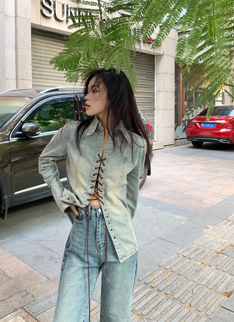 シャツ カットソー 長袖 Vネック 細身 スピンドル デニム かわいい 大人可愛い きれいめ シンプル カジュアル 春 秋 学生 通学 デート お出かけ 韓国 モテ S L XL ライトブルー